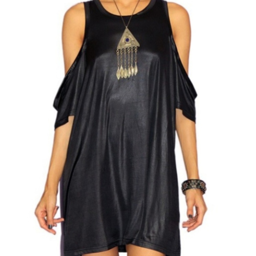 Shiny black slick cold shoulder mini dress